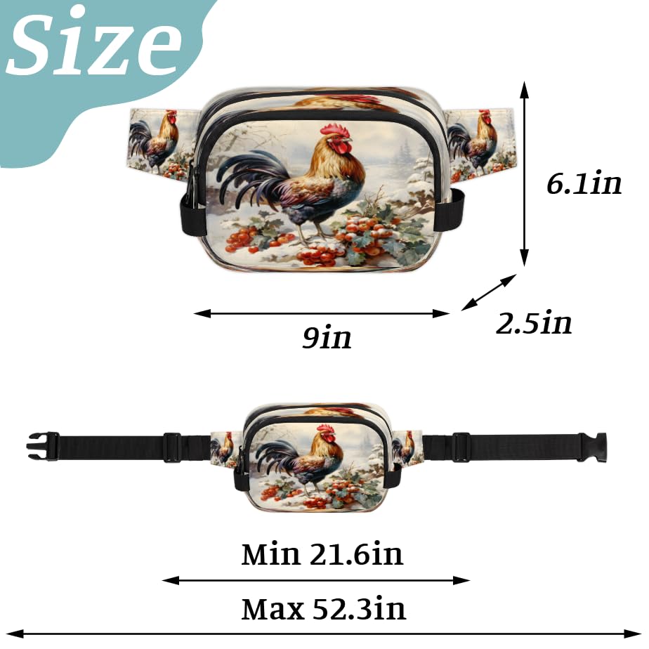 Rooster Berry Snow Waterproof Fanny Pack for Women Men Adjustable Waist Bag with Double Zipper Pockets Lightweight Square Hip Pack for Running Travel Hiking Workout Cycling