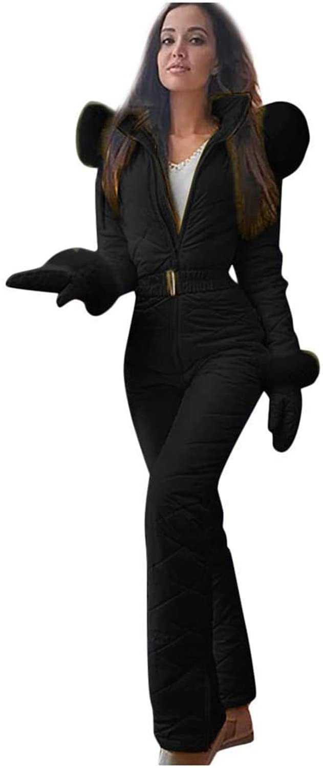 Tomwell Combinaison de Ski Femmes Hiver Couleur Unie Chaud Peluche Capuche Overall Neige Sports De Plein Air Zipper Ski Suit Imperméable Jumpsuit