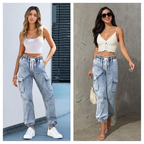 Women's High-Waisted Denim Joggers – Stretchy Drawstring Waist, Tapered Leg Pants (Plus3