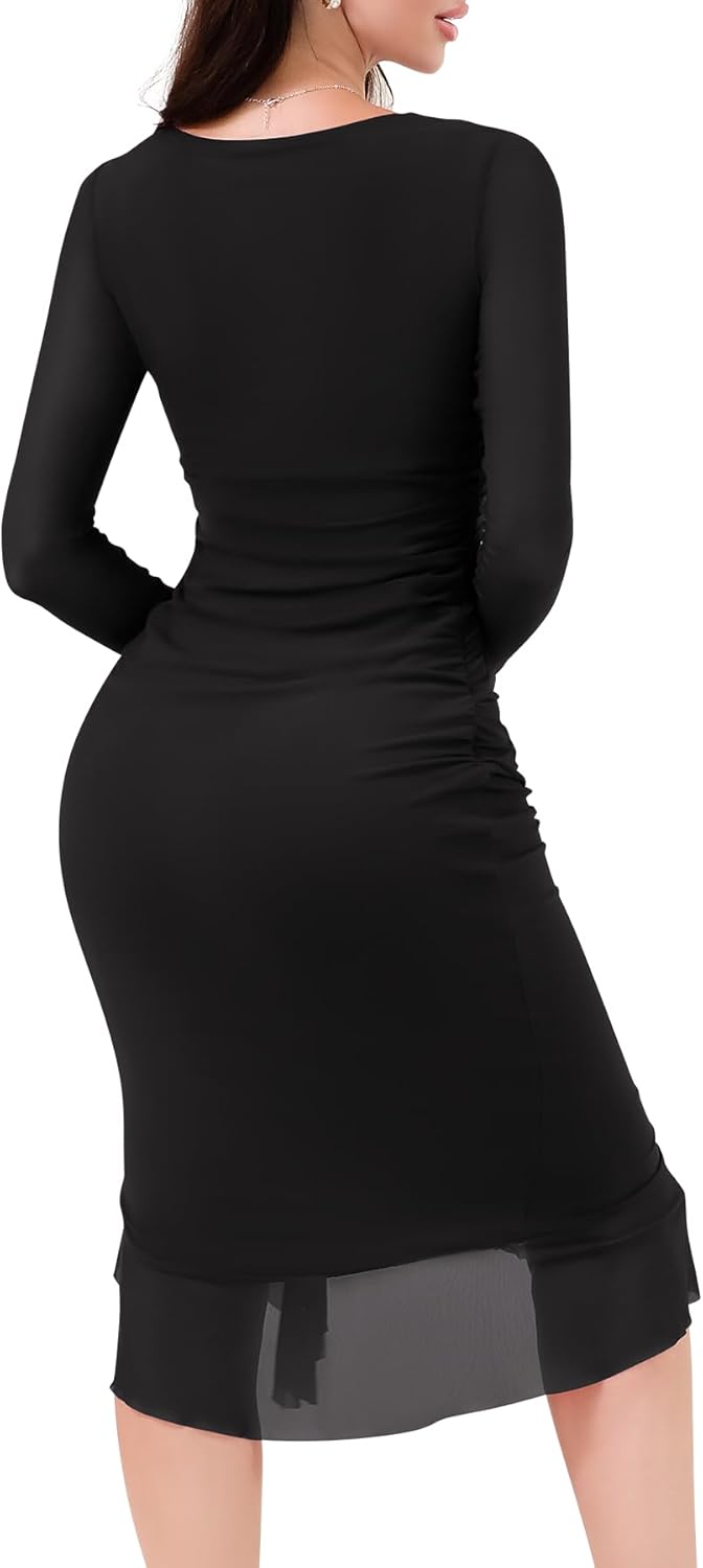 Women's Sexy Ruched Bodycon Midi Dresses Mesh Long Sleeve Square Neck Ruffle Hem Cocktail Party Dress - Image 2