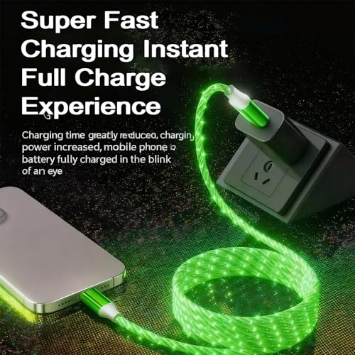Image of AYI USB C to A Charging Cable 3.3ft, LED Glowing Starry Sky Light-Up Cord, PVC Tangle-Free Fast Charging Cable with Smart Chip, Data Transfer Sync Cord for USB-C Devices, Green.