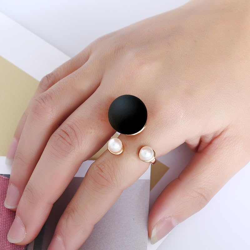 Big Matte Ball Statement Open Wrap Ring for Women Double Shell Pearls Black Ball Finger Rings Comfort Fit Fashion Punk Wedding Promise Party Jewelry Unique Size 83