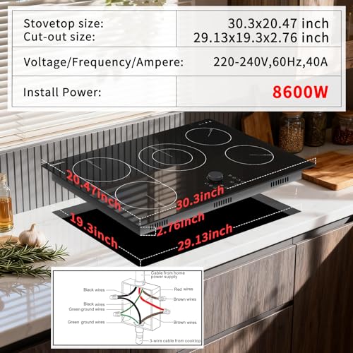 Image of Karinear Electric Cooktop 30 Inch with Magnetic Knob, Bridge BBQ, 5 Burner Radiant Stove Top, 8600W 240V Built-in Hob, 9 Heat Levels, 99-Min Timer, Child Lock, Pause