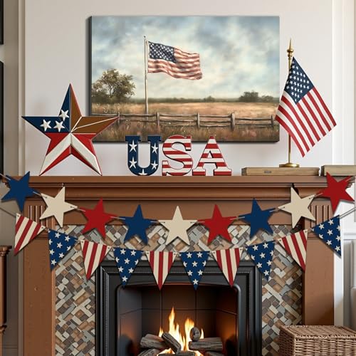Image of Framed Vintage American Flag Field Wall Art, Patriotic Rustic Canvas Art Pictures, USA Flag Wall Decor for Living Room Farmhouse Garage, Ready to Hang Made in USA