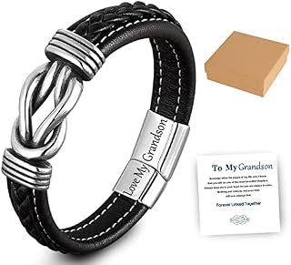 KINTAN Grandmother and Grandson Forever Linked Together Braided Leather Bracelet, Men Stainless Steel Inspirational Wristband, Grandson Bracelet from Grandmother, Gift for Grandson (Love My Grandson)