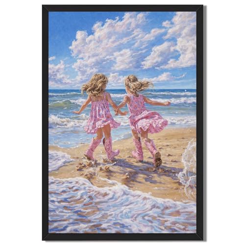 Framed Beach Girls Poster Canvas Print Art Modern Whimsical Wall