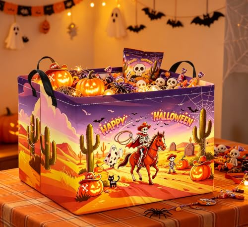Image of Rectangle Storage Basket with Handles,Collapsible Storage Bin,Books Box,Gift Basket(Cowboy Halloween)