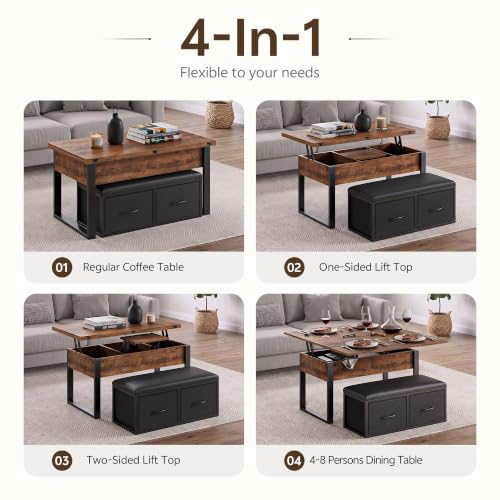 Double Lift Top Coffee Table Set with Bench, Rustic Brown, 31.5 in | 4-in-1 Multi-Function Coffee Table w/2 Storage Fabric Drawers, Dual Lifting Center Table w/Hidden Compartments, Steel Legs - Image 4