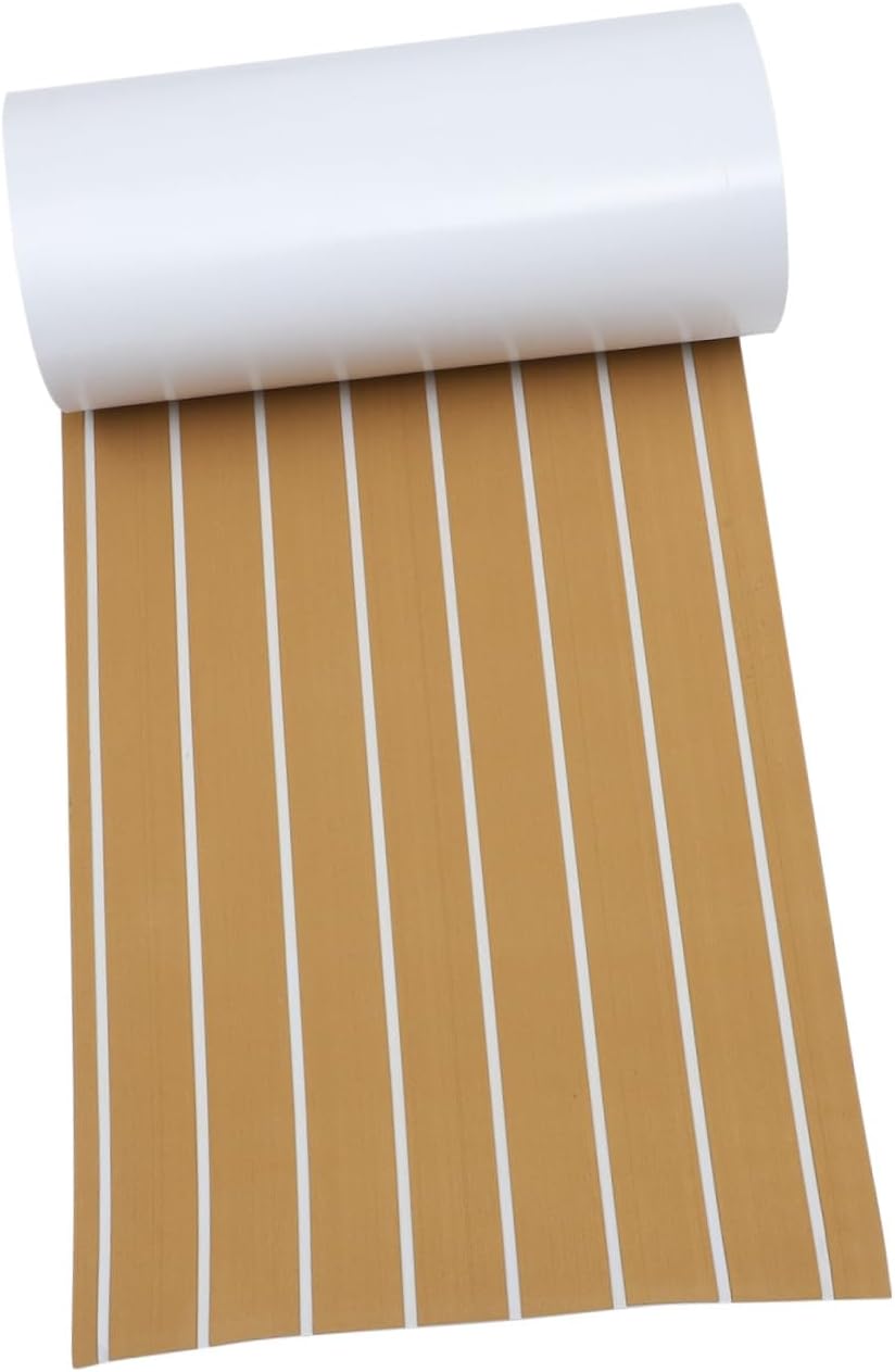 Eva Non-Slip Boat Decking Sheet Self-Adhesive Yacht Flooring Mat for Use Durable Faux Teak Design Easy to Cut and Install Stain Resistant Surface Light Brown White