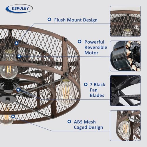 Depuley Ventilador de techo con jaula y luz: ventilador de techo de nogal de 20 pulgadas con control APP para dormitorio - Ventiladores de techo rústicos para cocinas rústicas - imagen 6