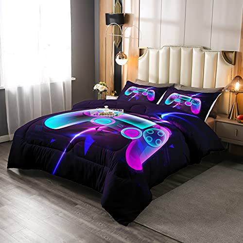 Gaming Quilted Duvet Teens Boys Modern Novelty Sci-Fi Style Video Games Comforter Set Glitter Lightnings Gamepad Printed Duvet Insert Blue Purple Game Console Action Buttons Gamer Bedding Set, Full