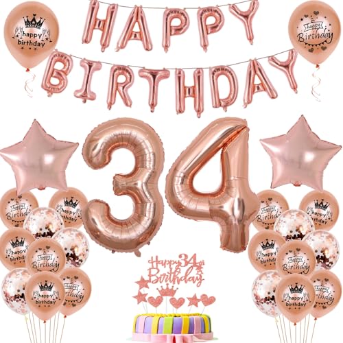Globos de 34 cumpleaños, decoración para mujer, oro rosa, 34 cumpleaños, decoración para fiestas, 34 cumpleaños, decoración para mujer, 34 años