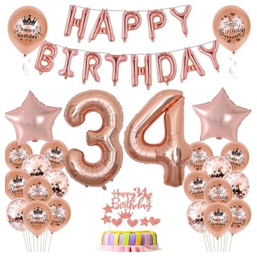 Globos de 34 cumpleaños, decoración para mujer, oro rosa, 34 cumpleaños, decoración para fiestas, 34 cumpleaños, decoración para mujer, 34 años