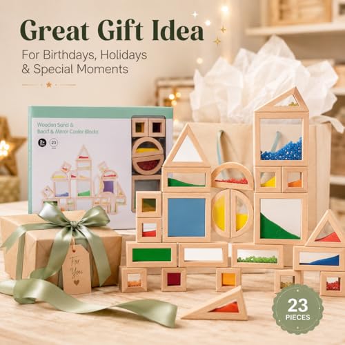 Image of 23 Pcs Rainbow Wooden Sensory Building Blocks for Toddlers,Gift for Kids | Colorful Geometric Stacking Toys with Beads, Sand & Mirror Blocks, Montessori STEM,Preschool Learning Educational Toys