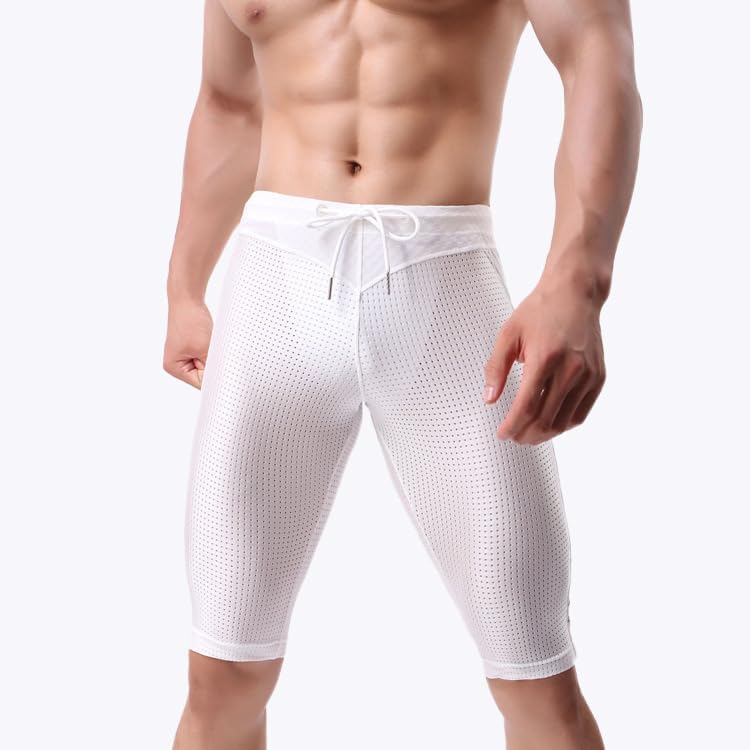 Men's Breathable Mesh Workout Shorts, Athletic Knee-Length Gym Pants with Adjustable Waist Drawstring for Fitness and Sports