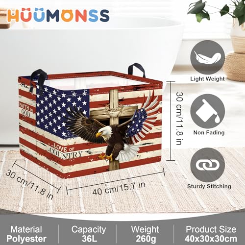 Image of Memorial Independence Day Baby Gift Basket Empty Retro America Flag Patriotic Storage Bin Gnome Rectangle Clothes Toy Book Shelf Basket, Eagle, 36L