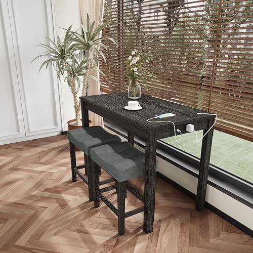 allamazing 3-Piece Counter Height Bar Table Set with Socket and 2 Fabric Padded Bar Stools, Tall Kitchen Breakfast Dining Table Set with Stools - Thumbnail 7