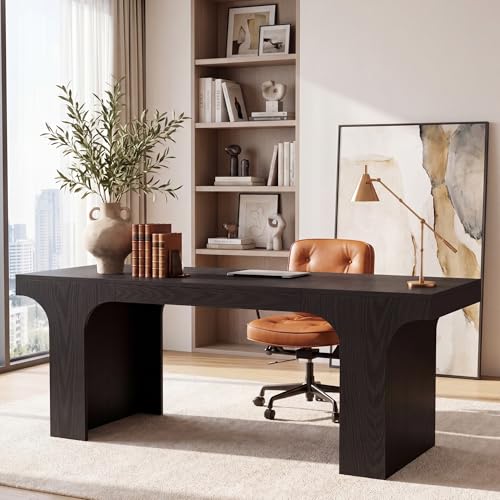 Image of Tribesigns 70.87 inch Executive Office Desk, Large Workspace Computer Desk, Modern Wooden Writing Table Simple Business Furniture with Arched Design for Home Office, Sturdy Room, Black