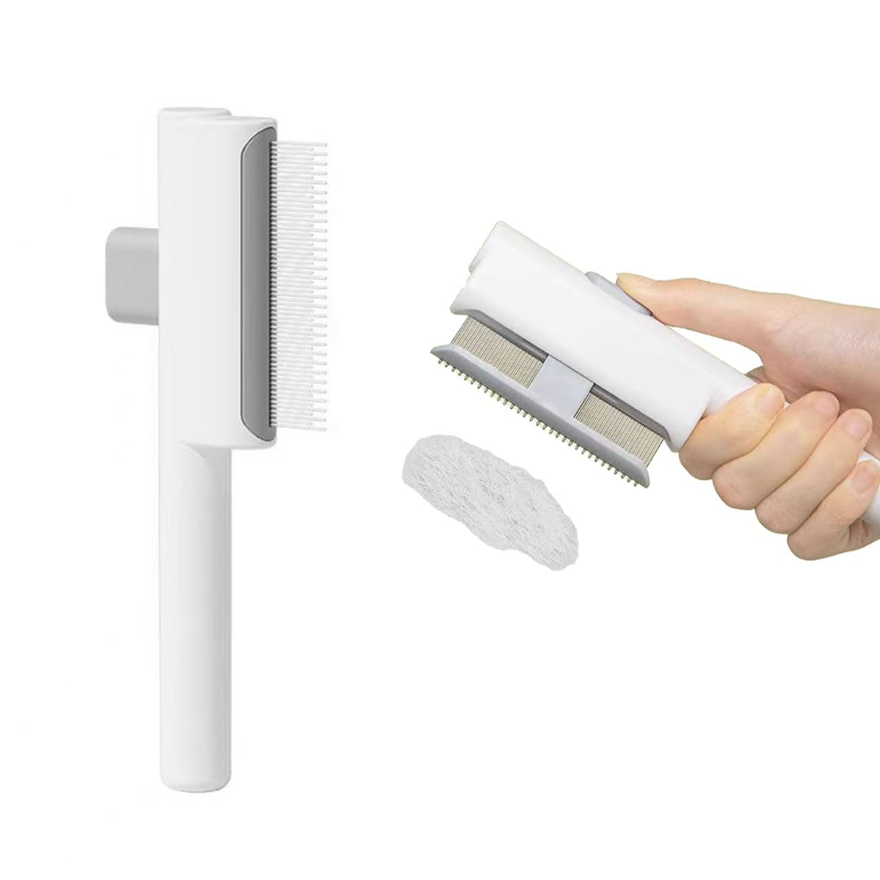 Cat Shedding Comb for Long Matted Hair, Cat Flea Comb for Indoor Cats or Dogs, Release Button Self-Cleaning Pet Combs, Long & Short Stainless Steel Metal Teeth, White