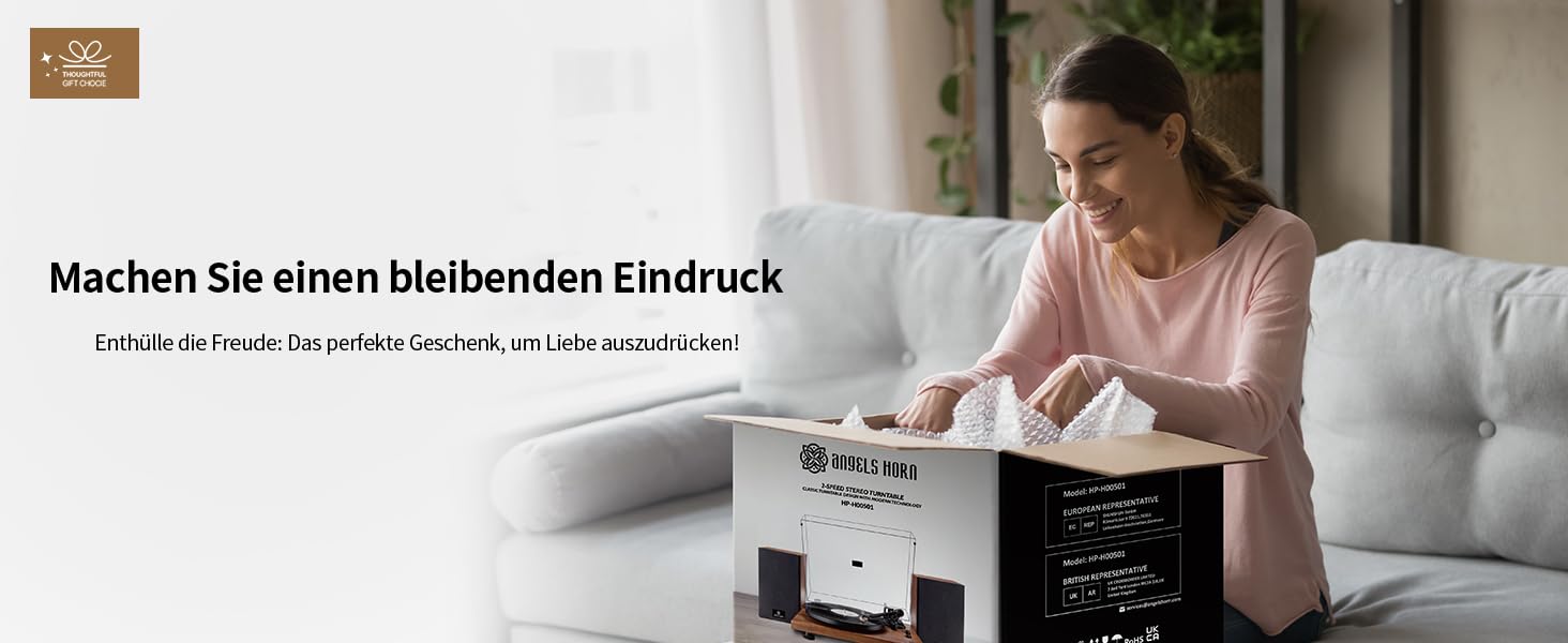 ANGELS HORN Plattenspieler mit Lautsprechern, Bluetooth Schallplattenspieler, integriertem Phono-Vorverstärker 33/45 U/min und AT-3600L-Tonabnehmern Zwei-Gang-Riemenantrieb