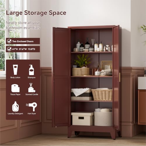 Image of Bevivog 61 inch Metal Storage Cabinet with 2 Doors and 3 Adjustable Shelves, Tall Bathroom Cabinet Freestanding, Farmhouse Metal Pantry Cabinets for Kitchen, Living Room, Home Office