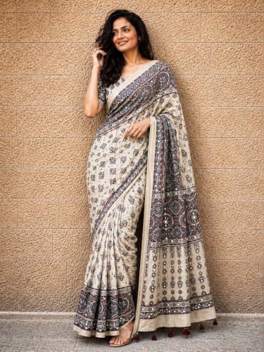 Image of Ajrakh Modal Silk Saree for Women | Mirror Work Black Saree | Gajji Silk Red Pallu Tassels | Designer Sarees for Women Party | Ajrakh Print Saree | Modal Silk Sarees Original