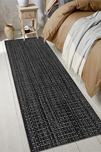 Earthall Upgraded Boho Runner Rug 2'X6', Black Hallway Runner,100% Woven Cotton Washable Black Indoor Outdoor Rug Runner 2X6 For Kitchen/Laundry Room/Doorway/Bedroom/Bathroom #TOP3
