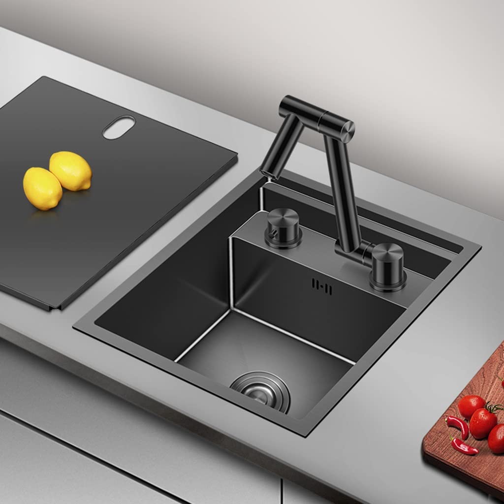 Lavello a Incasso Singolo in Acciaio Inox, salvaspazio, per Camper, con Coperchio, per Cucina, di Piccole Dimensioni, con Mini Rubinetto a sifone (Colore: Nero, 32 * 43 23 cm)
