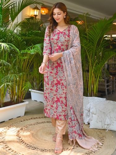 Image of ANNI Designer Cotton Blend Printed Straight Kurta with Pant and Dupatta for Women | Cotton Blend Pink | 3 /4 Sleeve | V-Neck | Ethnic Wear Casual Wear