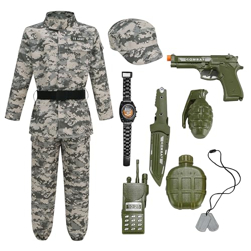 GRAJTCIN Kids Army Costume Halloween Party Military Soldier Dress up Military Costumes for Boys Long Sleeve Grayish Green S (6-8)