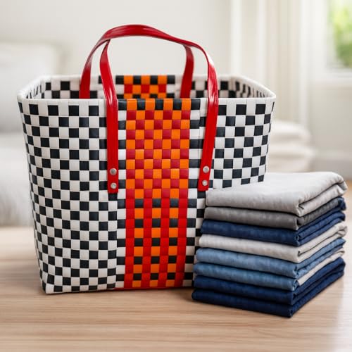 Image of Hand Made Multipurpose Plastic Basket with Lid | Eco-Friendly, Washable, Rust-Free Storage Basket for Kitchen, Picnic, Toys, Travel, Office | Lightweight basket (Red with Light blue, XL)