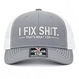 I Fix Shit Trucker Hat, Funny Mechanic & Fixer Cap, Breathable Mesh Denim Hat, Adjustable Cotton Snapback Baseball Cap (Heather Grey/White)