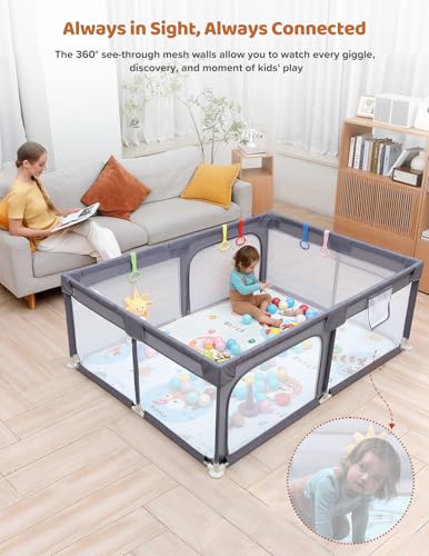 Image of Dripex Baby Playpen with Mat, 71 inchx47 inch Large Play Pen for Babies, Light Grey | Included Waterproof Mat /Portable Bag / Pull up Rings, Breathable Visible Mesh, Easy Setup, Indoor /Outdoor Use