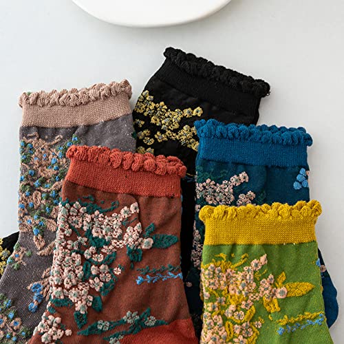 Image of DXYAKY 5 Pairs Womens Floral Cotton Socks Vintage Patterned Crew Socks Novelty Ankle Ruffled Warm Casual Dress Socks
