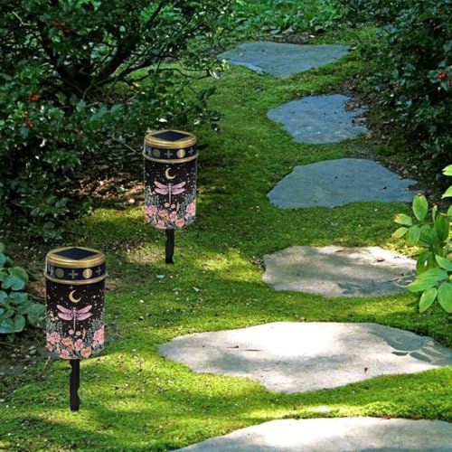 Image of Poceacles Solar Lights Outdoor Cemetery Grave Decor - Solar Memorial Lights, Pink Dragonfly Flower Moon