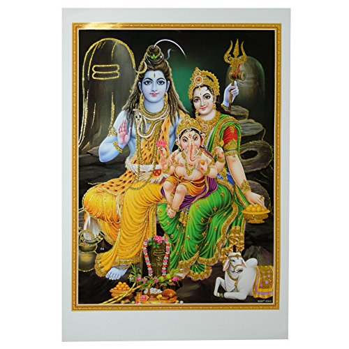 Poster Shiva Parvati Ganesh 50 x 70 cm Brillant doré Inde Accessoire Hindouisme Décoration Maison Cover