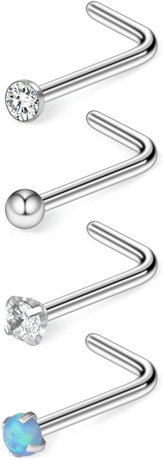 Ruifan 20G Surgical Steel Heart Flat Ball Opal Clear Diamond CZ Nose Stud Rings Bone L-Shaped Screw Piercing Jewelry 4-20PCS