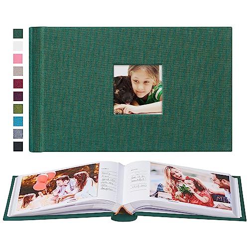 Image of Mublalbum Small 4x6 Photo Album Linen Cover with Memo Areas Photobook Pictures Book Holds Horizontal Pockets for Wedding Family Baby and Vacation (Dark Green)