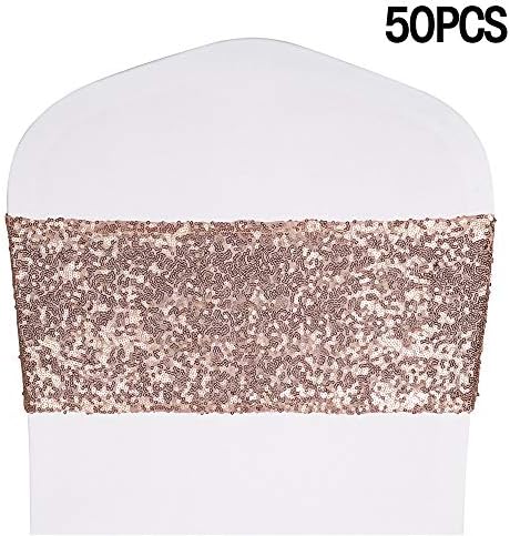 Desirable Life Pack of 50 Stretch Sequin Chair Sashes Chair Bands One-Sided Sequins Decor for Hotel Wedding Reception Party Event Chair Cover Decoration 4"x16" - Champagne