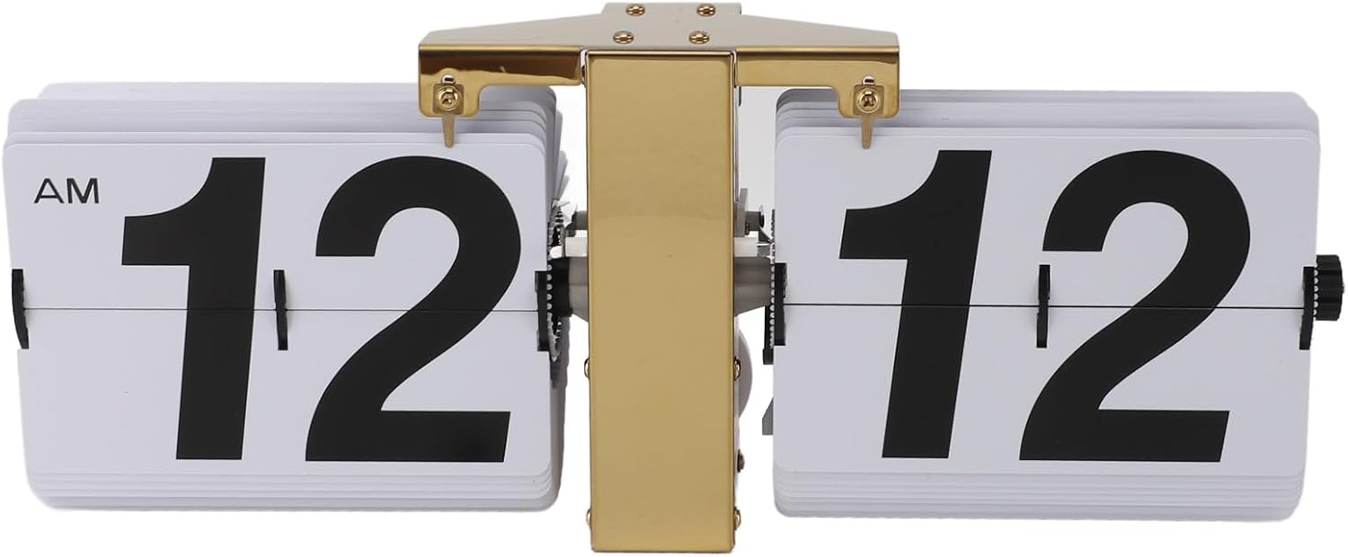 FOSA Flip Desk Clock, Automatic Flip Clock Mechanical Clock, Retro Flip Desk Table Clock Battery Powered Retro Digital Flip Down Clock for Desktop Standing Wall Hanging 12H (Gold)
