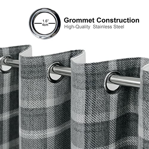 always4u Plaid Curtains for Bedroom Living Room 100% Blackout Thermal Fully Lined Woolen Look Check Drapes Grey Grommet Curtains 84 Inch Length 2 Panels Grey - Image 9