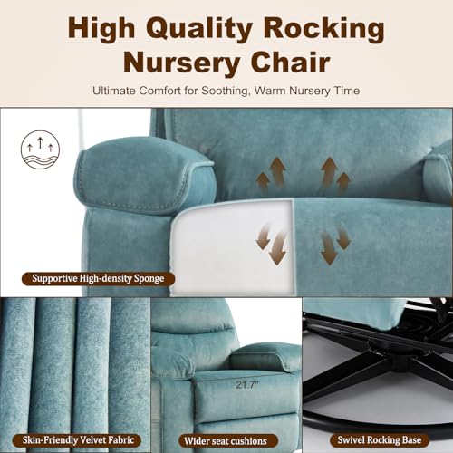 Image of 360 Swivel Glider Rocking Chair Nursery， Oversized Recliner with Phone Holder，Nursing Chairs for Breastfeeding with Wide Foot Rest for Living Room and Baby Room,Blue