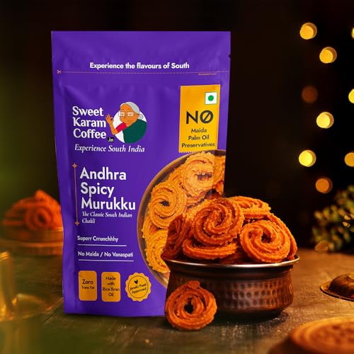 Image of SWEET KARAM COFFEE Andhra Spicy Murukku | No Palm Oil | No Preservatives | South Indian Chakli | Crispy & Fresh Tea-Time Namkeen | Festive Special Snack | Spicy Crunchy Treat | 95 G Pack of 2