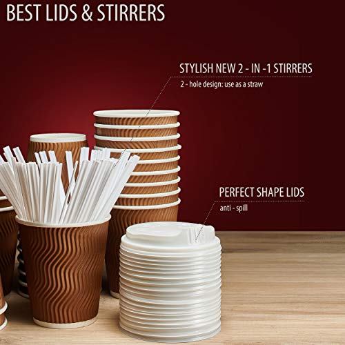 Insulated Disposable Coffee Cups with Lids & Straws 12 oz, 100 Packs - Paper Cups for Hot Beverage Drinks To Go Tea Coffee Home Office Car Coffee Shop Party (Brown) - Thumbnail 2