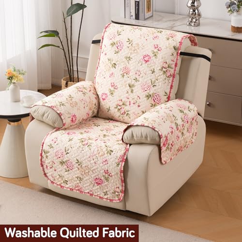 Image of HOKIPO Quilted Recliner Mat 1 Seater, with Side Pockets, Beige Peonies