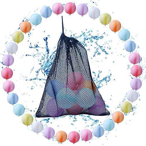 Reusable Water Balloons Water Balls Latex-Free Soft Silicone Water Splash Ball with Portable Mesh Bag Summer Outdoor Play Pool Party Backyard Fun Water Toys (32 Pack)
