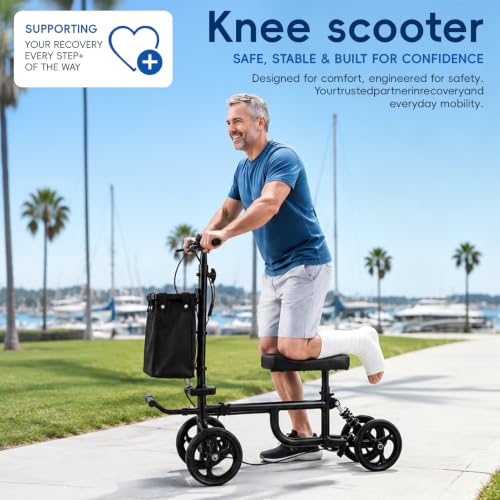Image of Knee Scooter for Adults Foldable High Carbon Steel Knee Roller Scooter with Shock Absorption & Removable Bag, Adjustable Knee-Scooter for Foot /Ankle Surgery Recovery (Black 2)