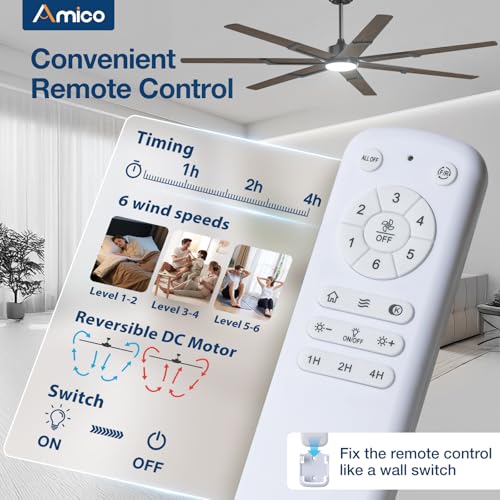 Image of Amico Ceiling Fans with Lights,74 inch Walnut Ceiling fan with Light and Remote, 6 Speed Reversible DC Motor, 3CCT, Dimmable, Quiet, Timer, Outdoor Ceiling Fan for Patio, Living room, Indoor /Outdoor
