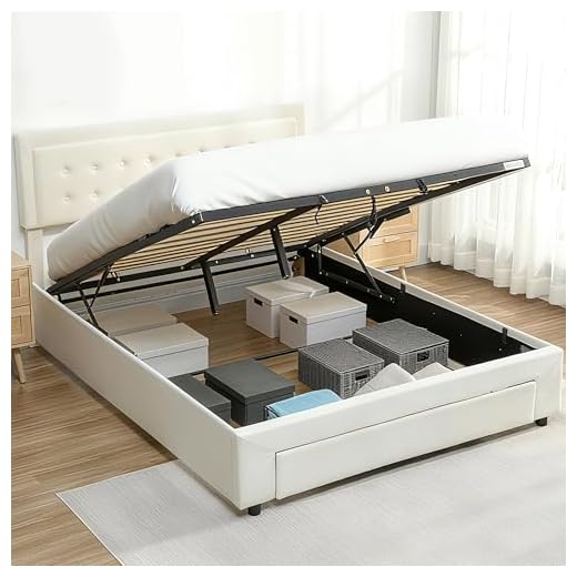HOMCOM King Size Ottoman Bed Frame, 5ft Gas Lift Storage Bed with 2-Level Adjustable Velvet Upholstered Headboard, Wheeled Drawer and Wooden Slats, No Mattress, Cream White
