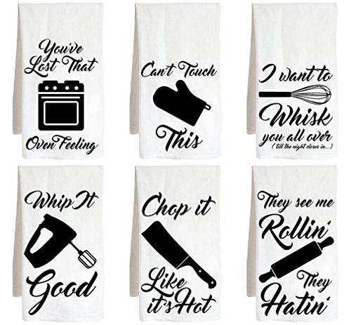 Live Nice Kitchen Utensils - SIX Pack - Funny Joke - Farm Flour Sack Kitchen Tea Towel Whip it Cant Touch Whisk Rollin Chop